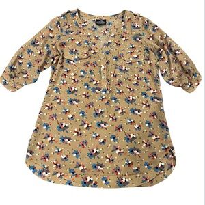 Angie Small Tan Floral Print Short Sleeve Blouse Size